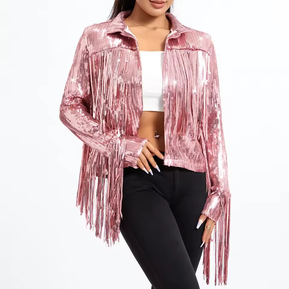 Sterlling Women's Tassel Sequin Jacket Autumn Winter Streewear Rock Stylish Long-sleeved Silver Reflective Jacket Women Outwear Tops
