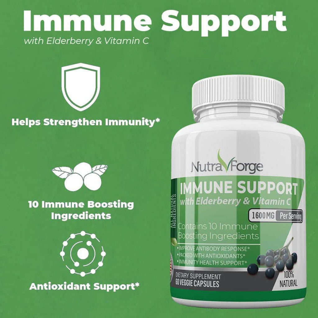 Immune Support Supplement with Elderberry, Vitamin C, Echinacea, Zinc, Garlic, Turmeric 1600mg NON GMO, GMP