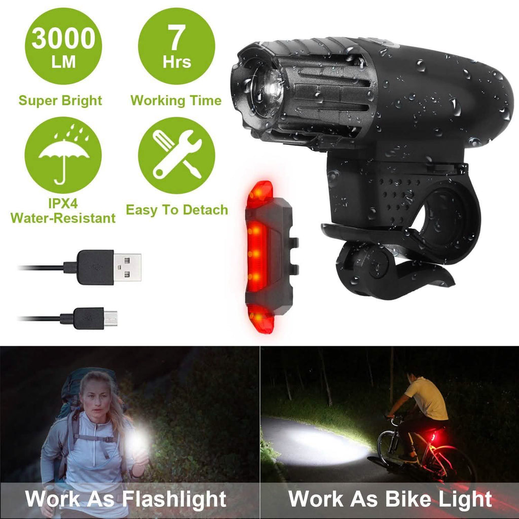 iMounTEK Bike Front Flashlight IPX4 Water-Resistant with Tail Warning/Safety LED Lamp