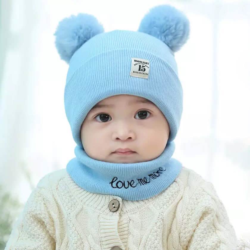 Infant Baby Winter Warm Knit Bobble Beanie Hat with Scarf Set