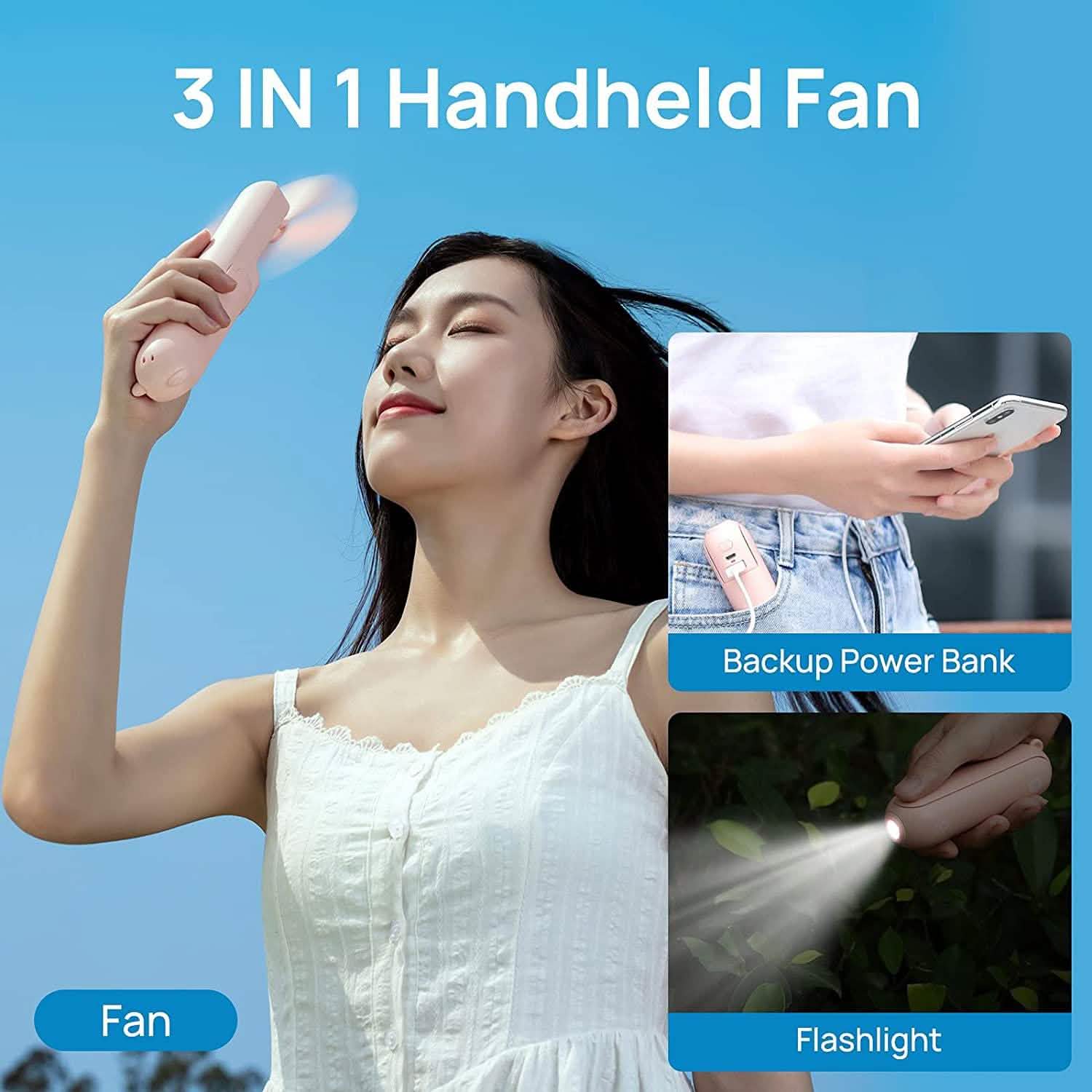 JISULIFE 3-in-1 Portable Small Pocket Fan with Power Bank