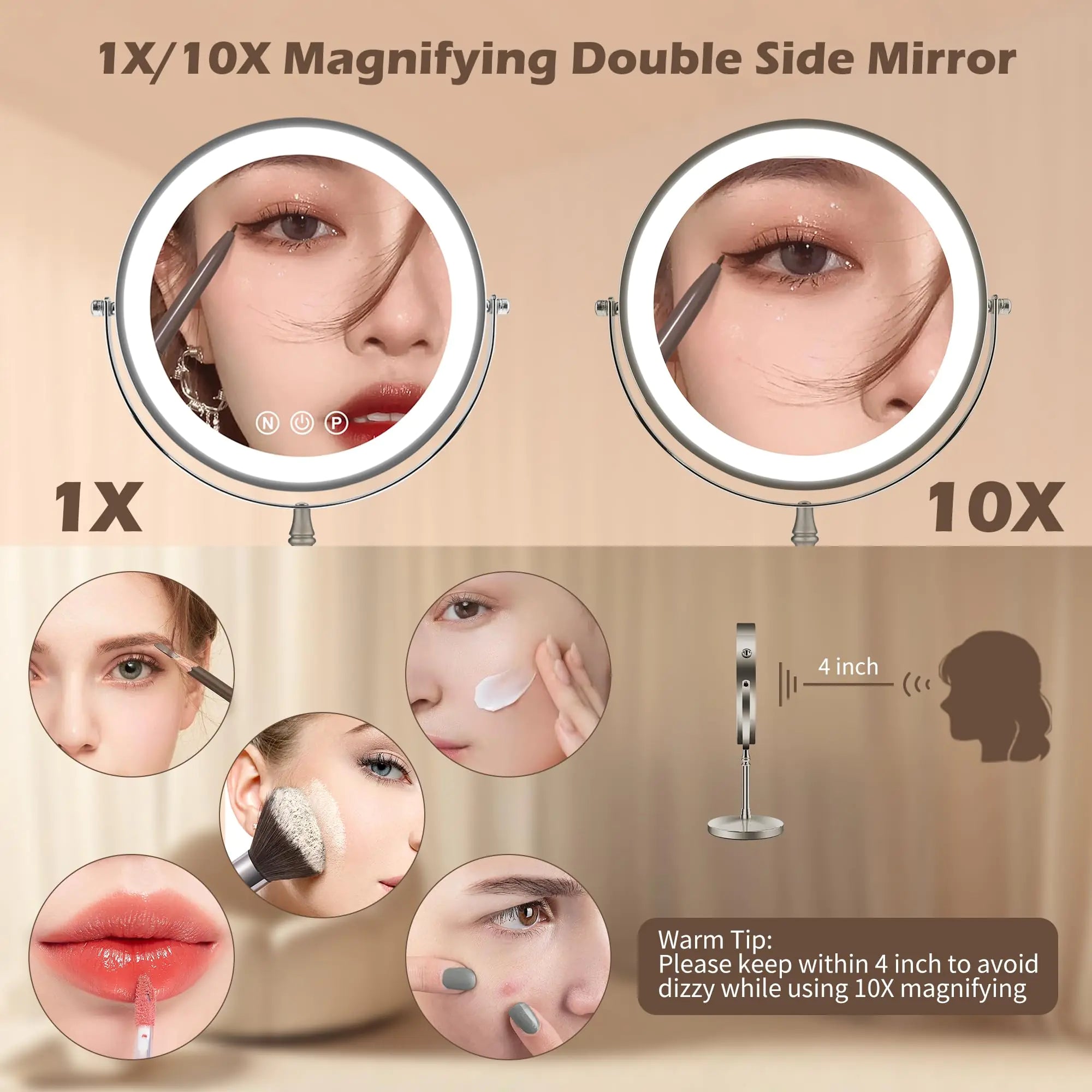 9" Large Makeup Mirror with Lights, 1X/10X Magnifying Vanity Mirror with 3 Colors Dimmable Lightning, 80 LED Lights, 360°Rotation Double Sided Standing Lighted Makeup Mirror Nickel Matte Nickel