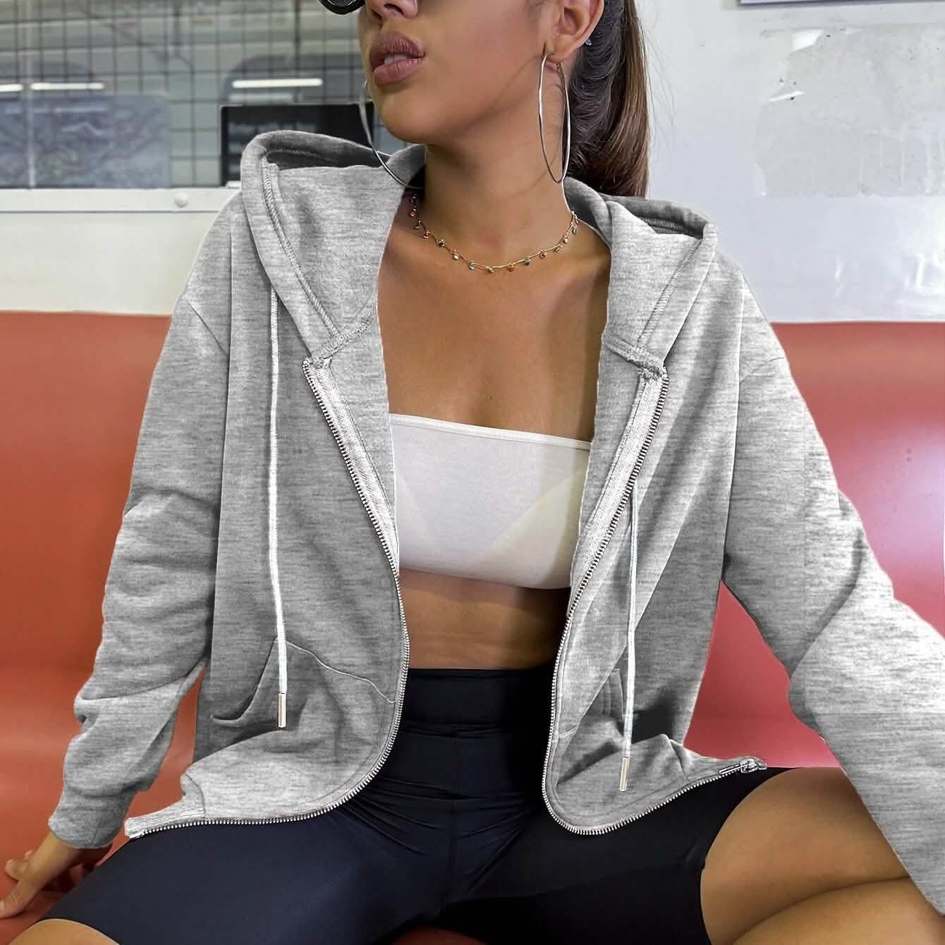 Kangaroo Pocket Drop Shoulder Zip-up Hooded Sweatshirt