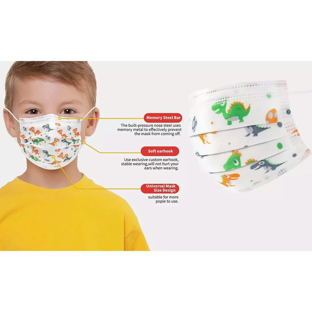 Kids 3-Ply Disposable Dinosaur Face Masks