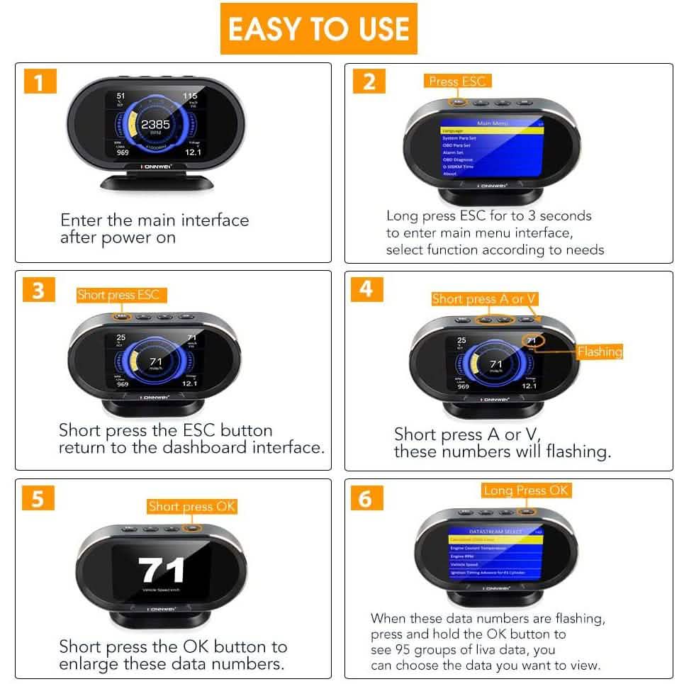 KONNWEI KW206 Car OBD2 HUD Digital Meter RPM Gauge