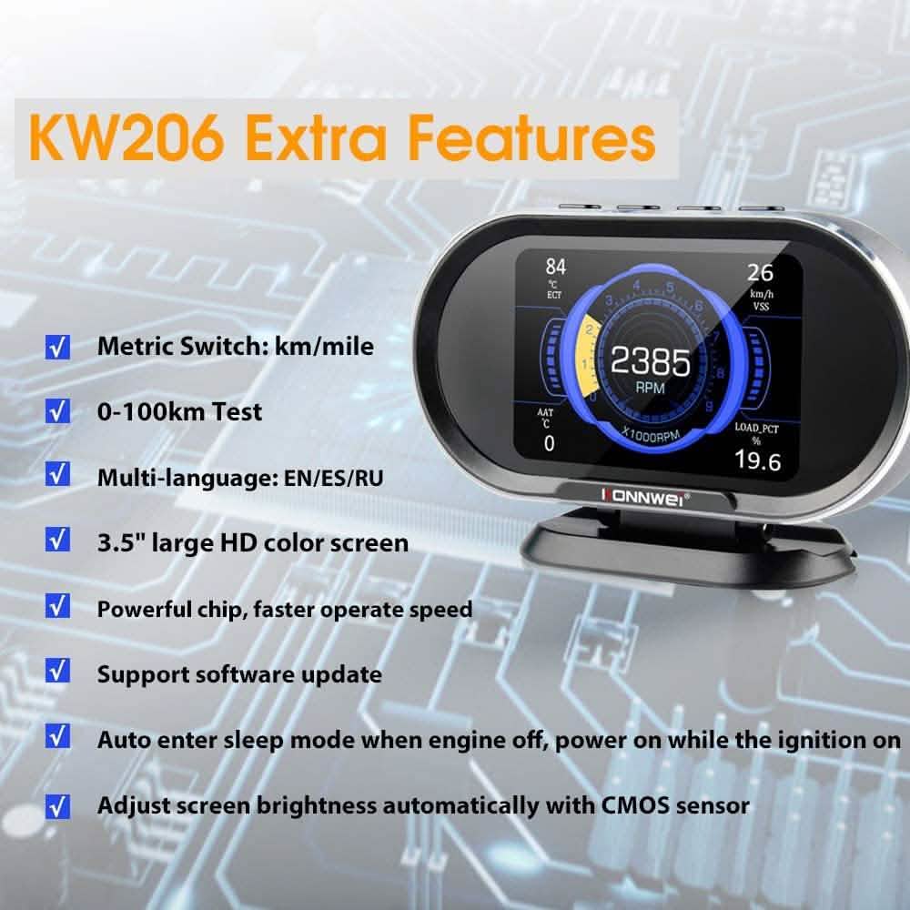 KONNWEI KW206 Car OBD2 HUD Digital Meter RPM Gauge