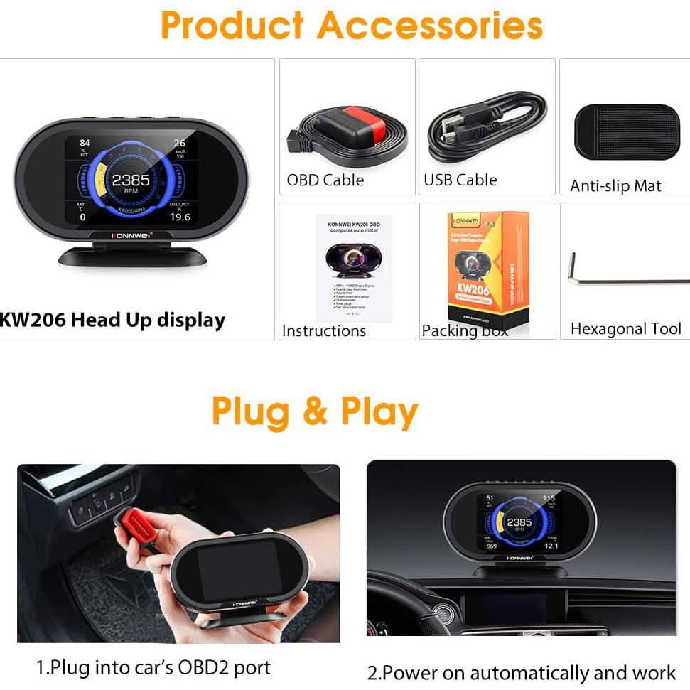 KONNWEI KW206 Car OBD2 HUD Digital Meter RPM Gauge