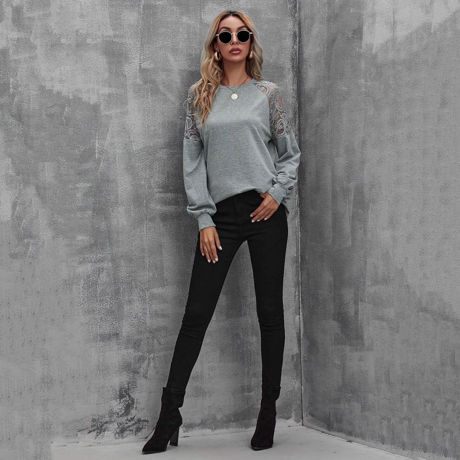 Lace Insert Raglan Sleeve Pullover