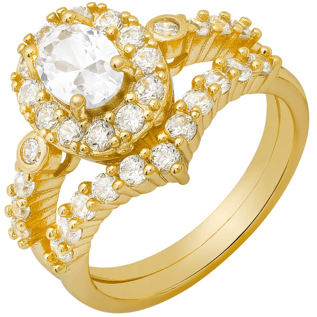 Ladies 18k Gold Plated Brass And Simulated Engagement/band Ring Set