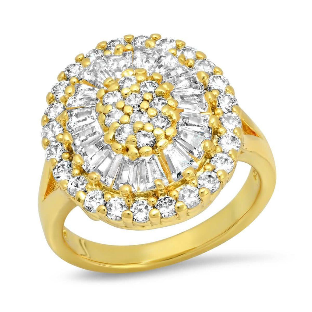 Ladies 18k Gold Plated Brass Oval Simulated Round/Baguettes Diamond Ring