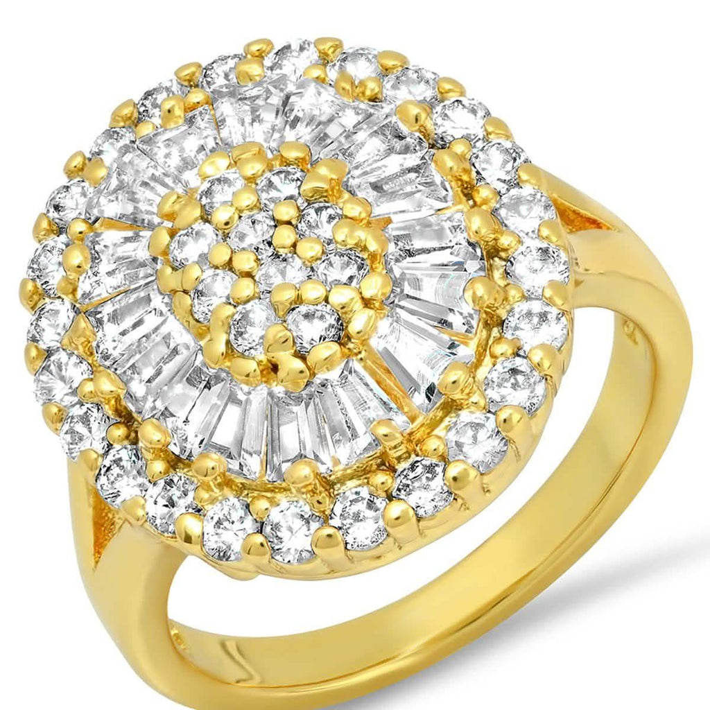 Ladies 18k Gold Plated Brass Oval Simulated Round/Baguettes Diamond Ring