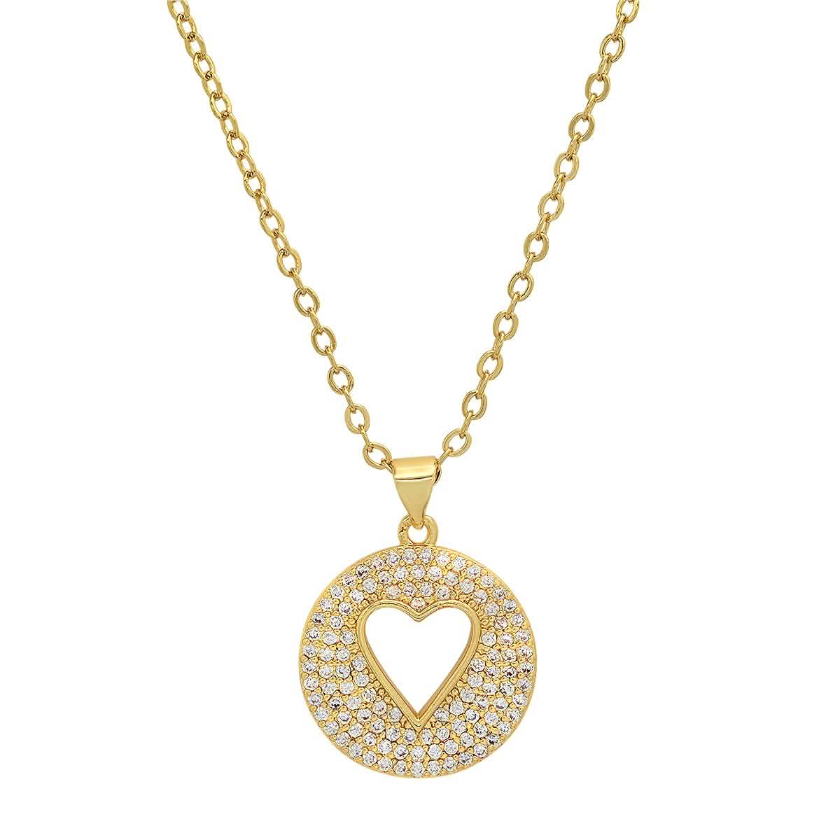 Ladies 18k Gold Plated Brass Simulated Diamonds Round Heart Pendant