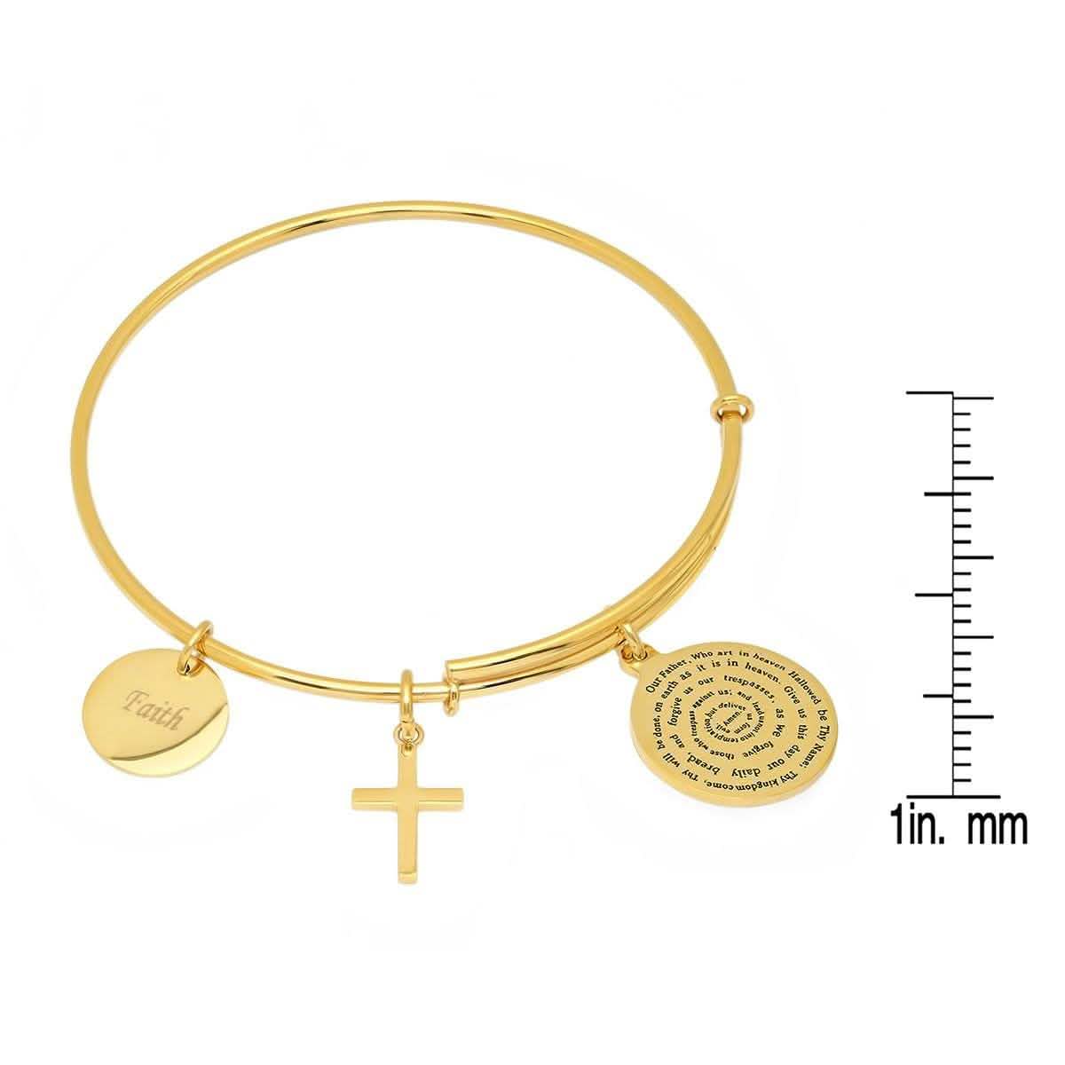 Ladies 18K Gold Plated Stainless Steel Bracelet with Our Father, Faith and Cross Charms