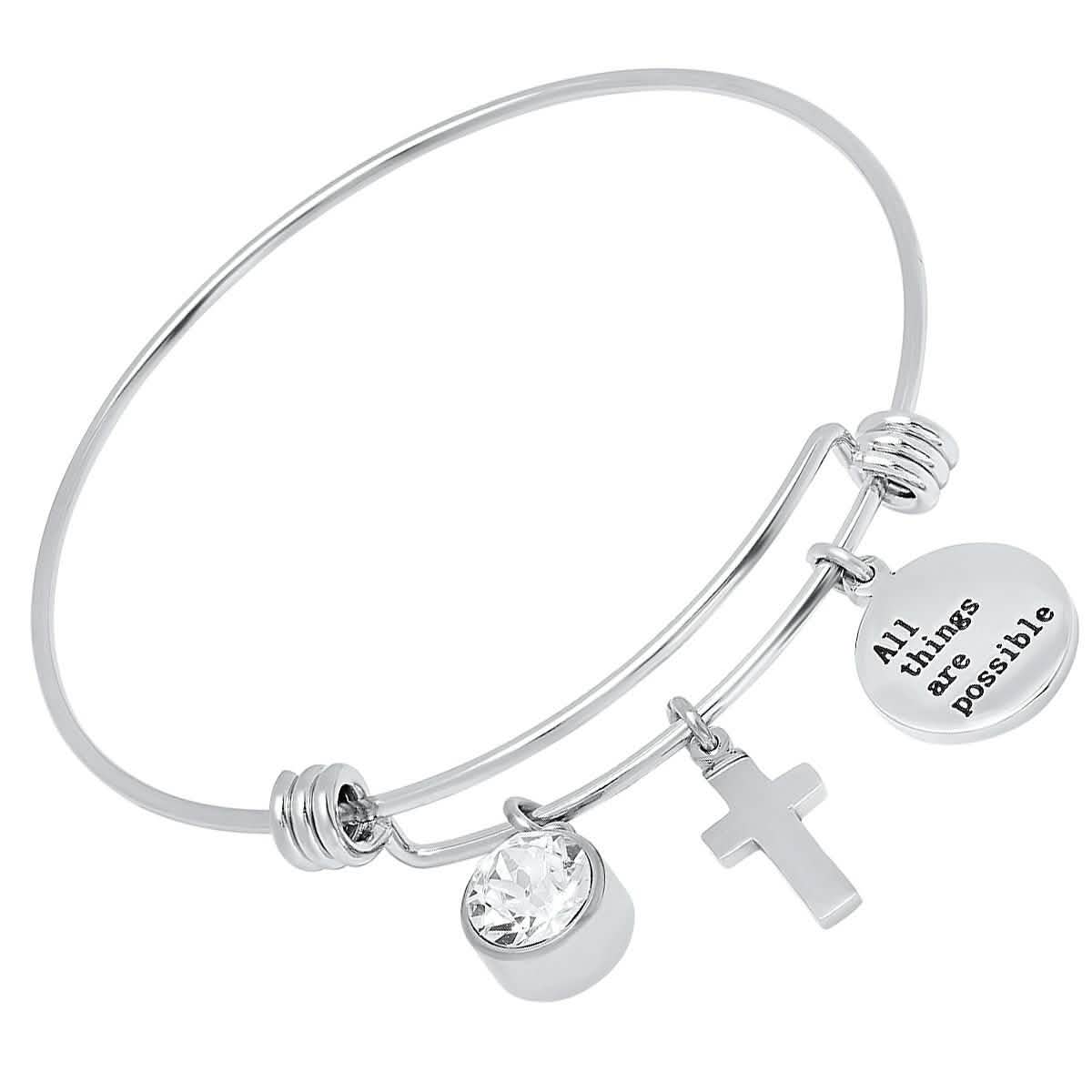 Ladies 18K Gold Plated Stainless Steel Bracelet with Our Father, Faith and Cross Charms
