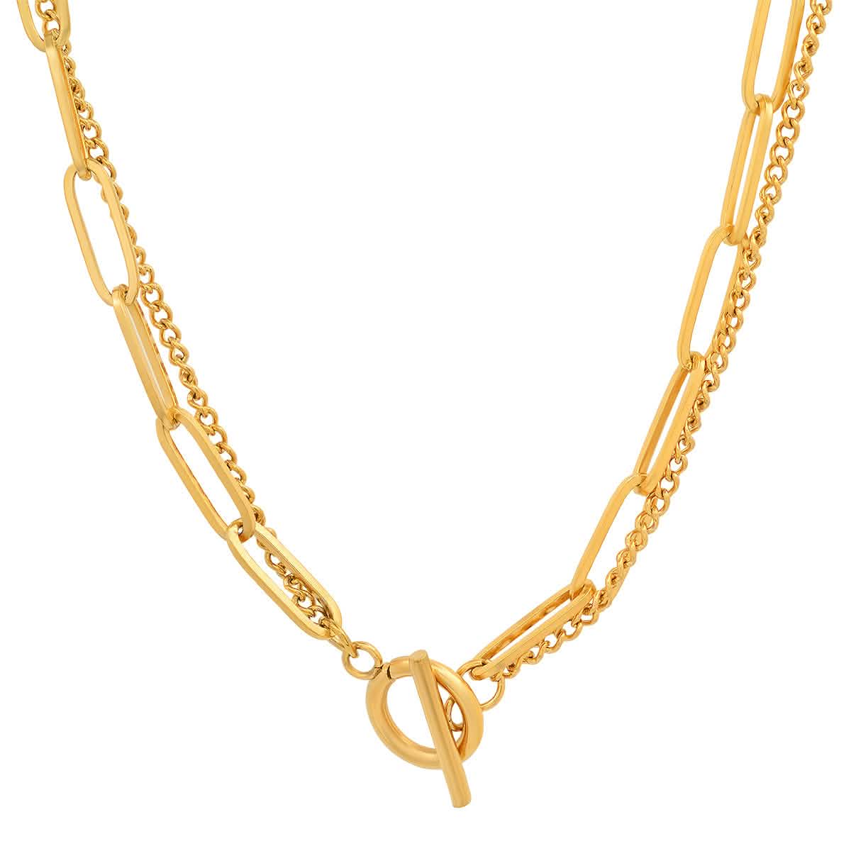 Ladies 18k Gold Plated Stainless Steel Double Row Paper Clip and Curb Chain Necklace