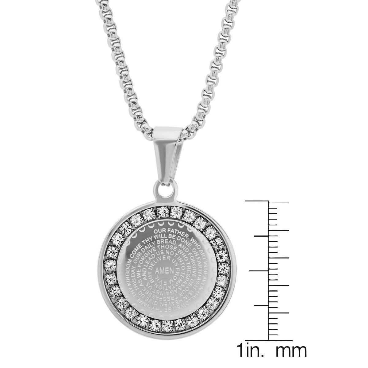 Ladies' 18K Gold Plated Stainless Steel Our Father Prayer Round Pendant with Simulated Diamonds