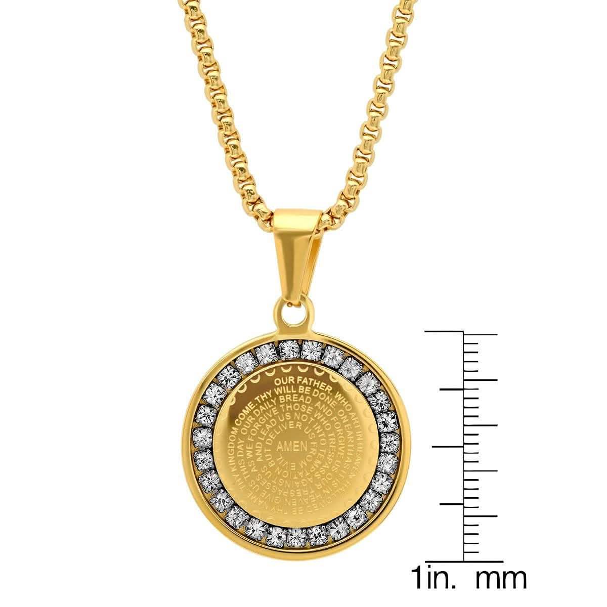Ladies' 18K Gold Plated Stainless Steel Our Father Prayer Round Pendant with Simulated Diamonds