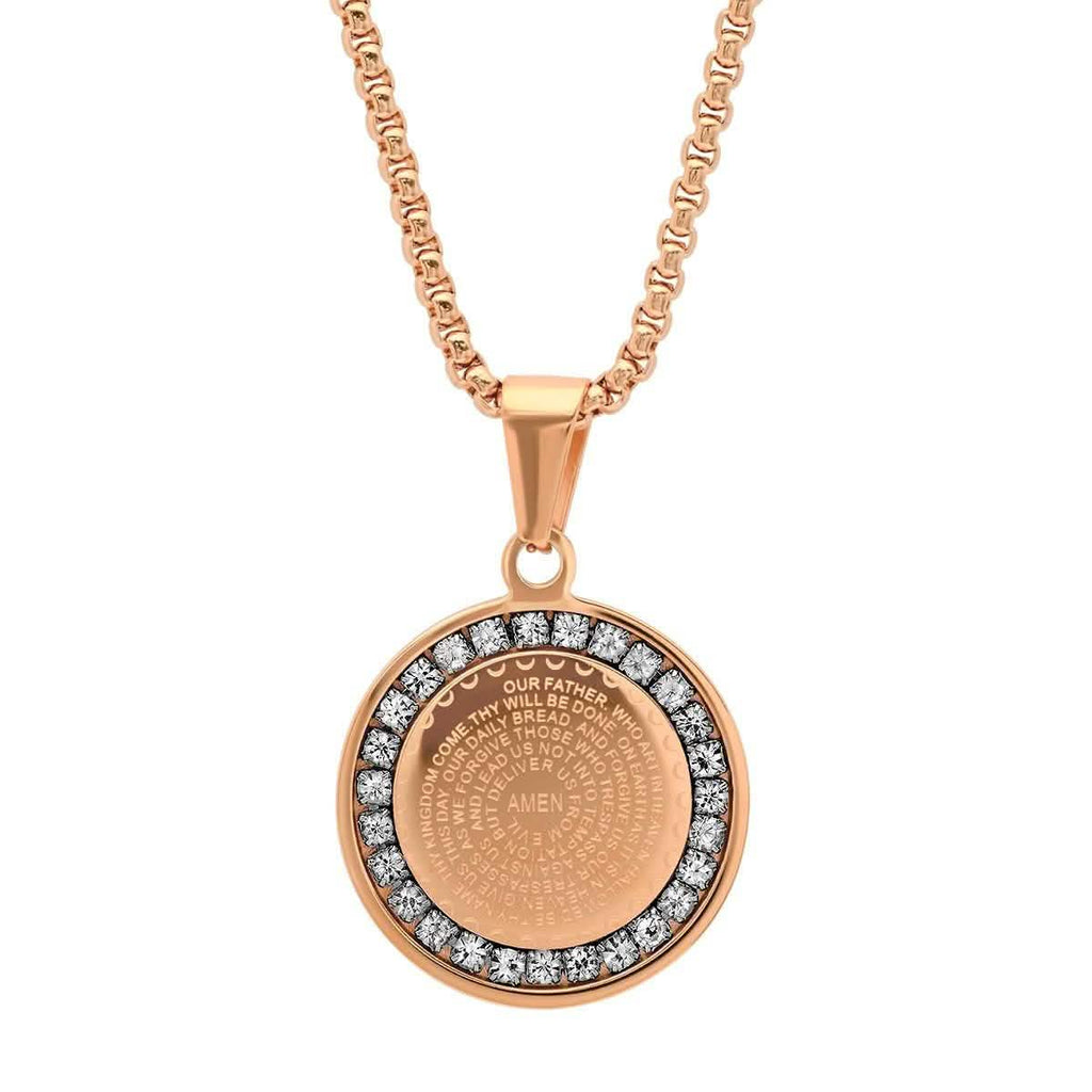 Ladies' 18K Gold Plated Stainless Steel Our Father Prayer Round Pendant with Simulated Diamonds