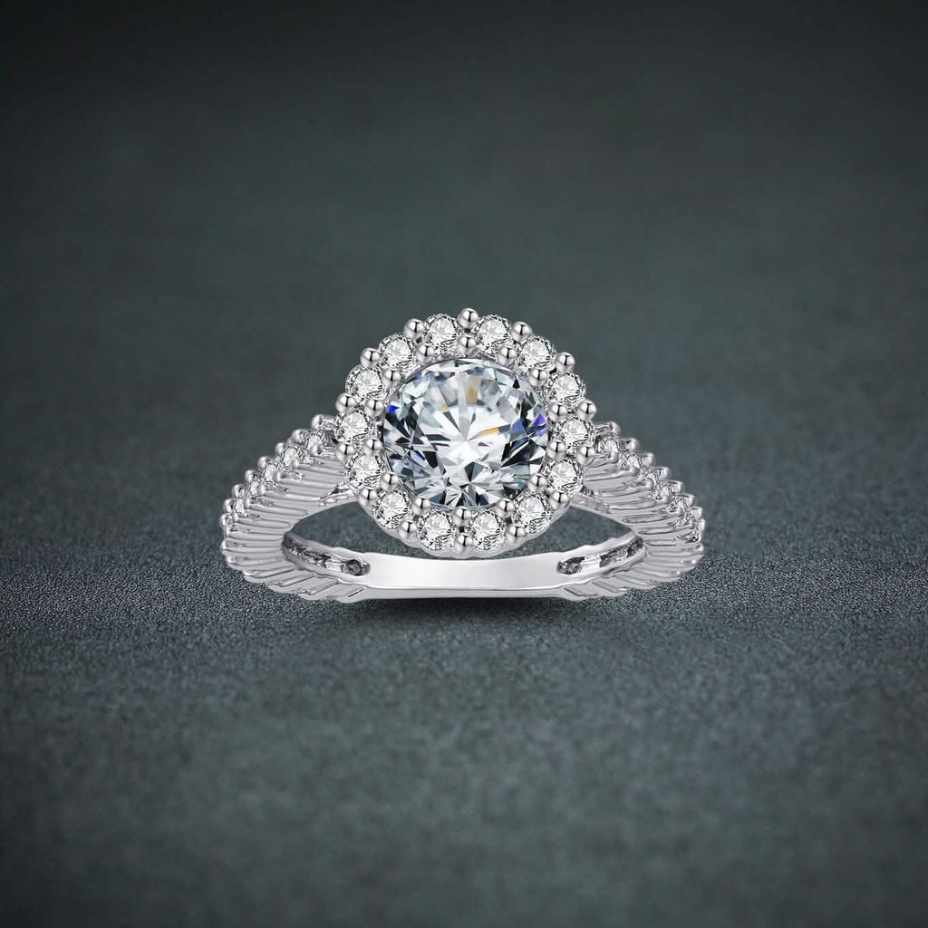 Ladies 18K White Gold Plated Brass Engagement Ring Adorned with Swarovski Crystals