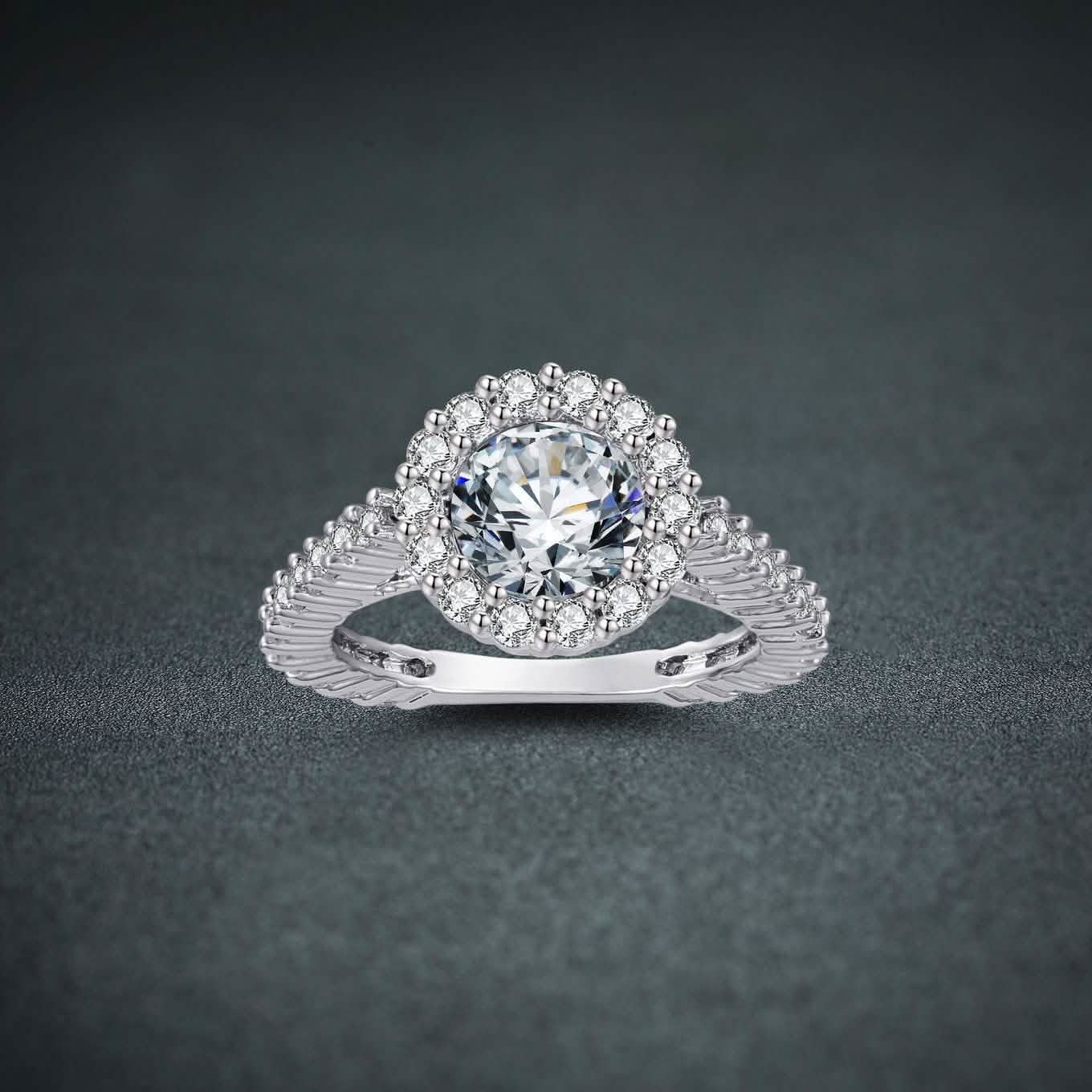 Ladies 18K White Gold Plated Brass Engagement Ring Adorned with Swarovski Crystals