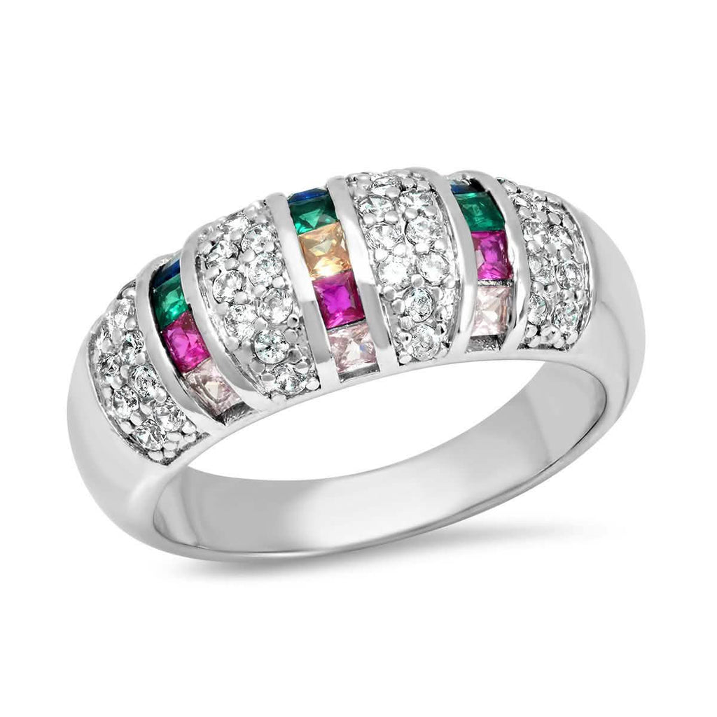 Ladies 18K White Gold Plated Brass Simulated Multi Colored Diamond Ring