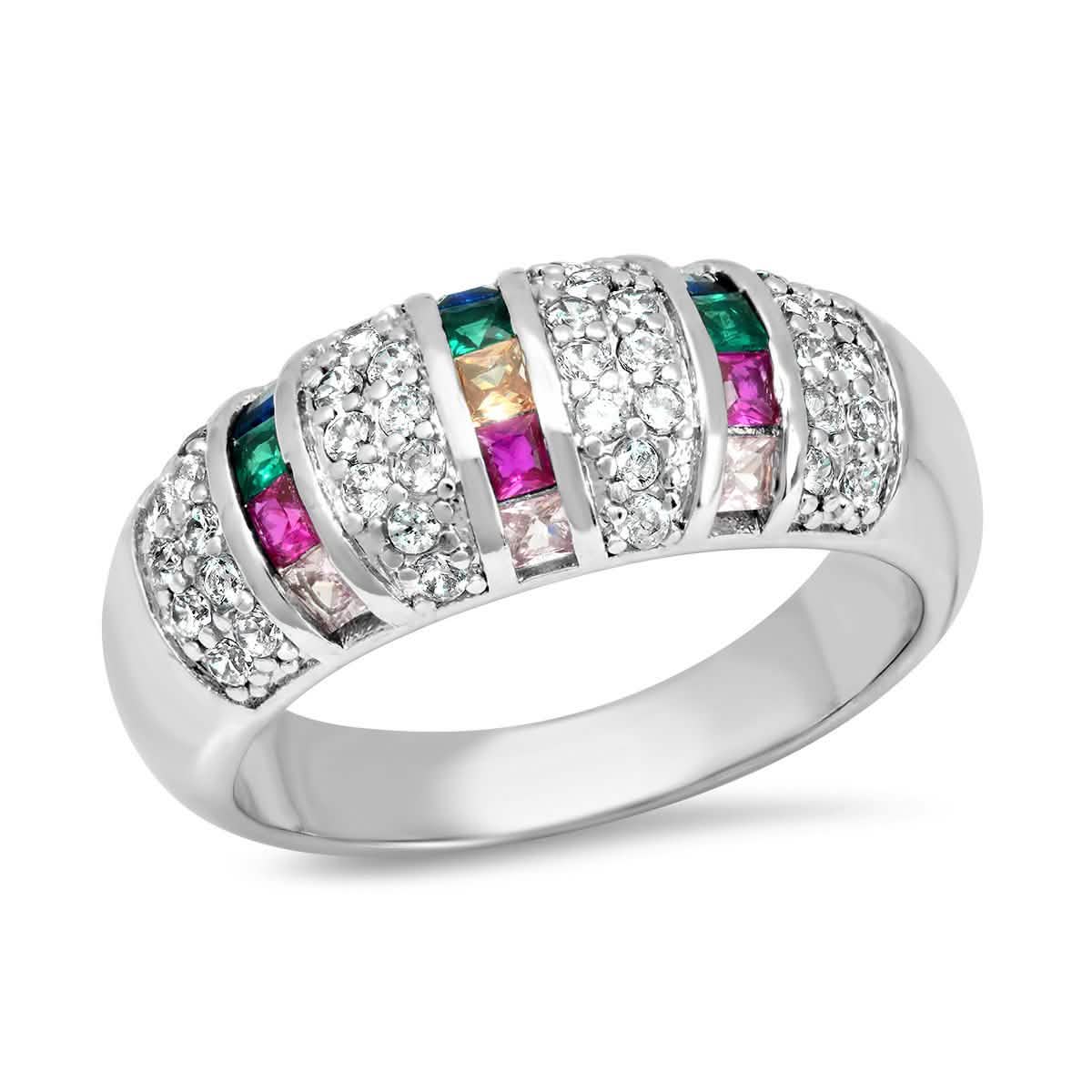 Ladies 18K White Gold Plated Brass Simulated Multi Colored Diamond Ring