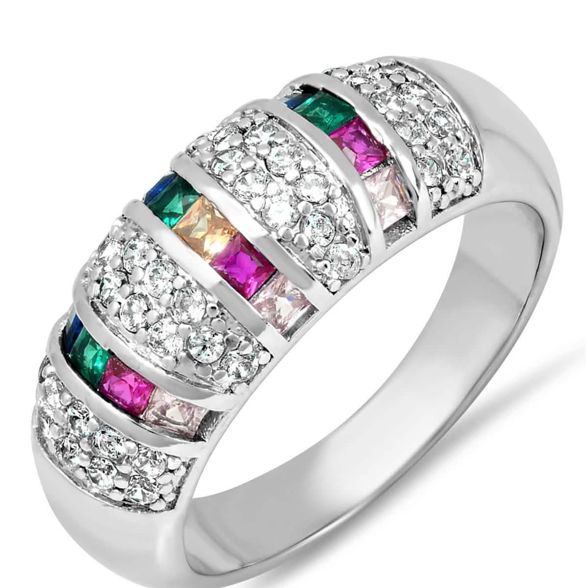 Ladies 18K White Gold Plated Brass Simulated Multi Colored Diamond Ring