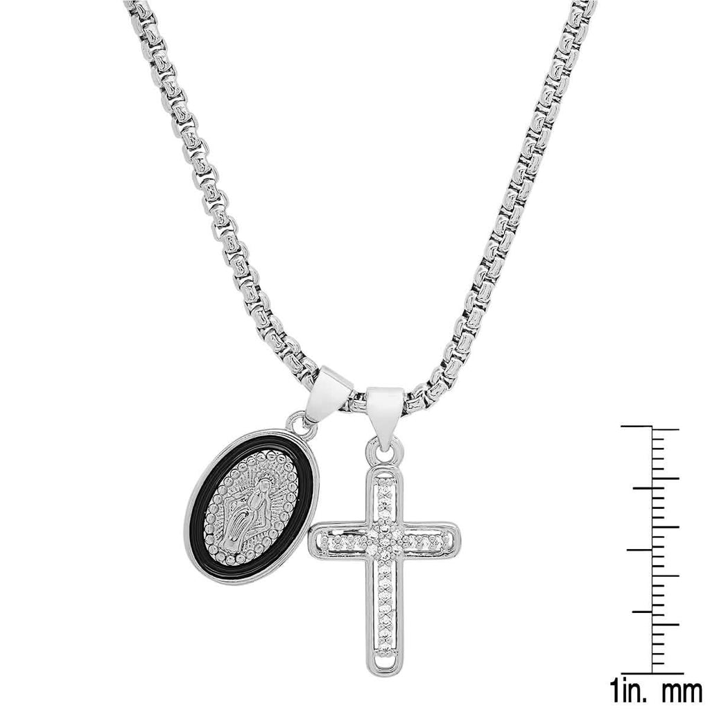 Ladies 18k White Gold/Gold Plated Brass & Black Enamel Our Lady of Guadalupe and Simulated Diamond Cross Pendant Charms