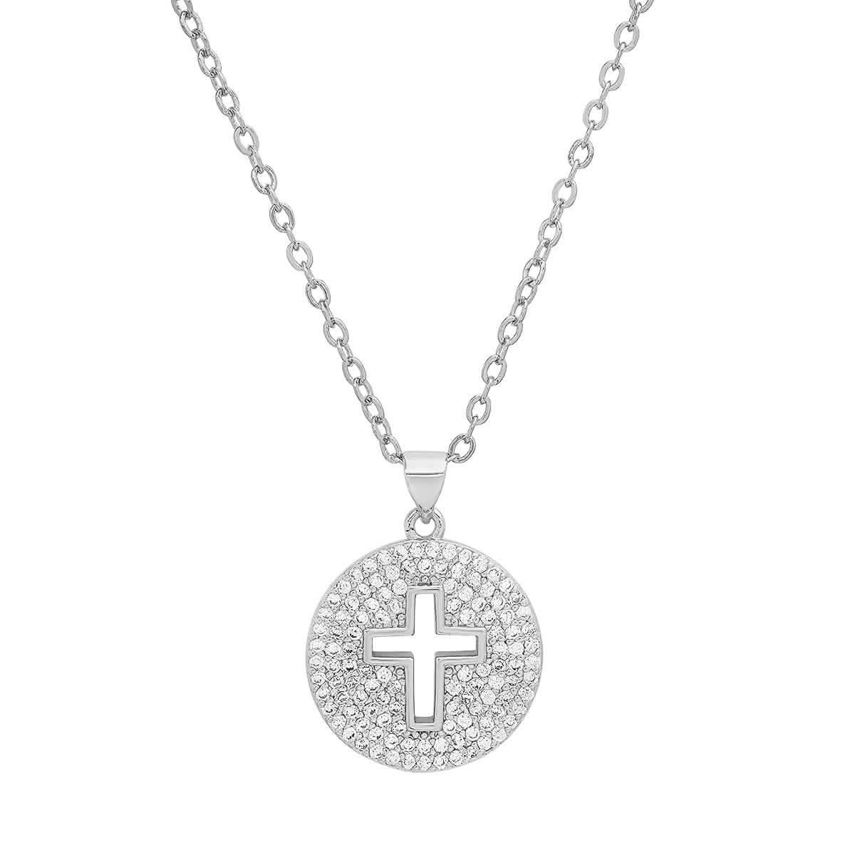 Ladies 18k White Gold/Gold Plated Brass Simulated Diamonds Round Cross Pendant