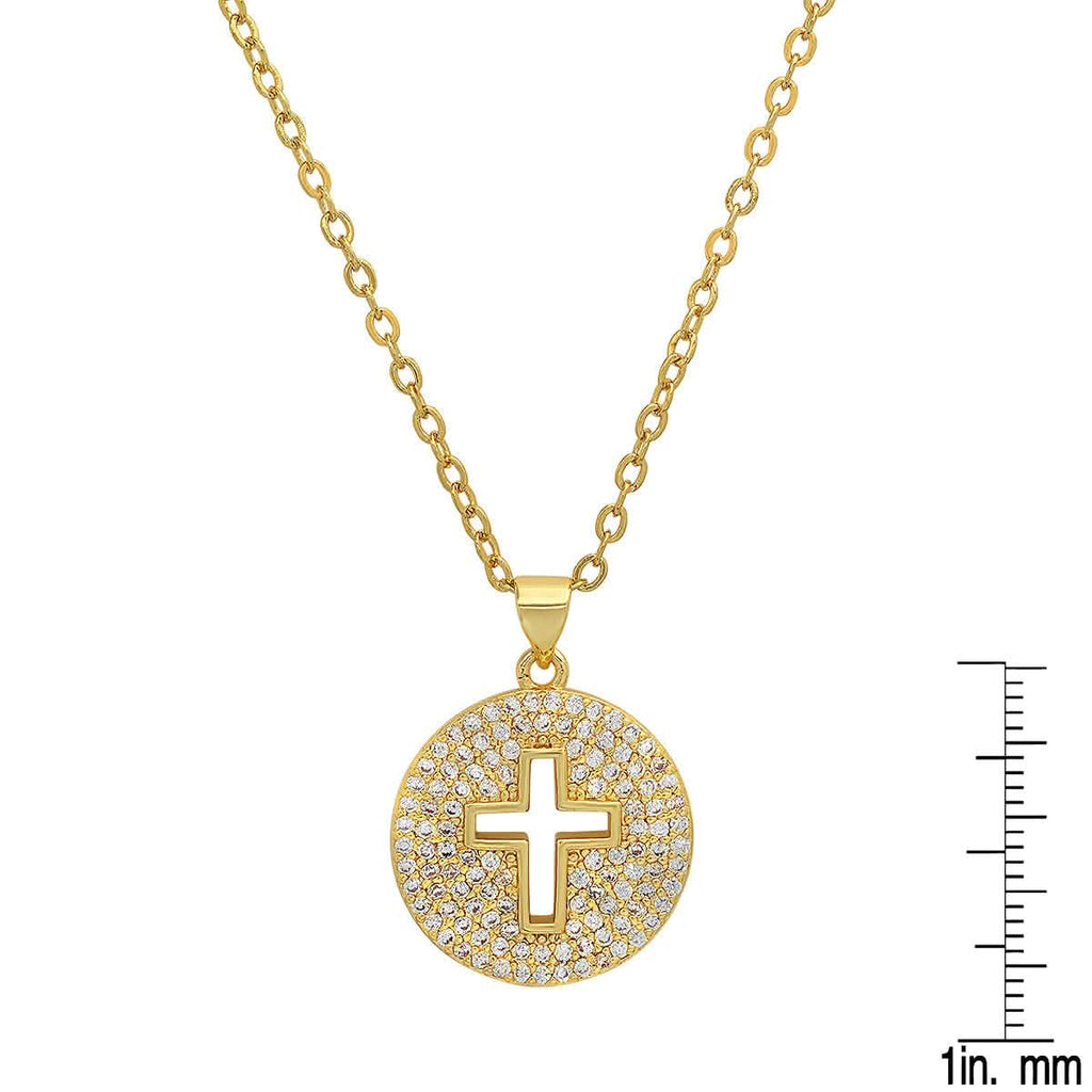 Ladies 18k White Gold/Gold Plated Brass Simulated Diamonds Round Cross Pendant