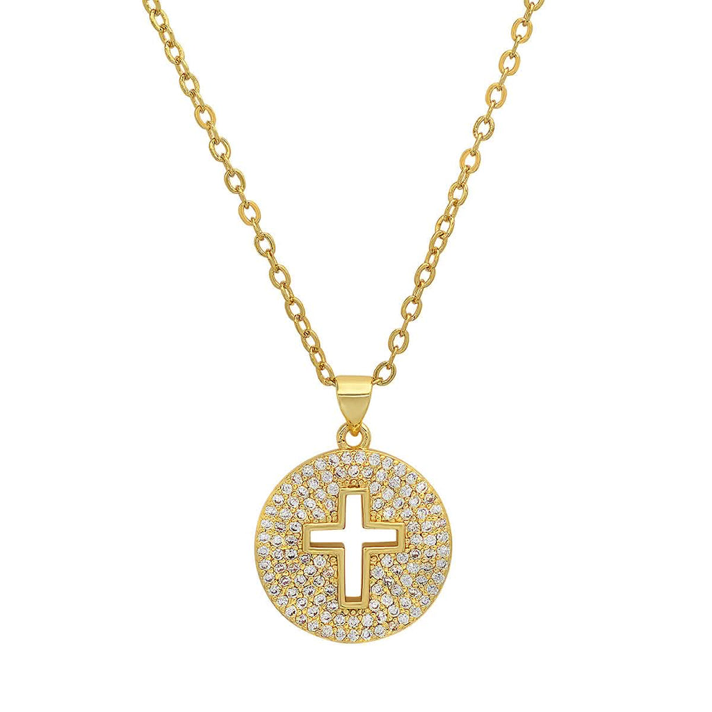 Ladies 18k White Gold/Gold Plated Brass Simulated Diamonds Round Cross Pendant