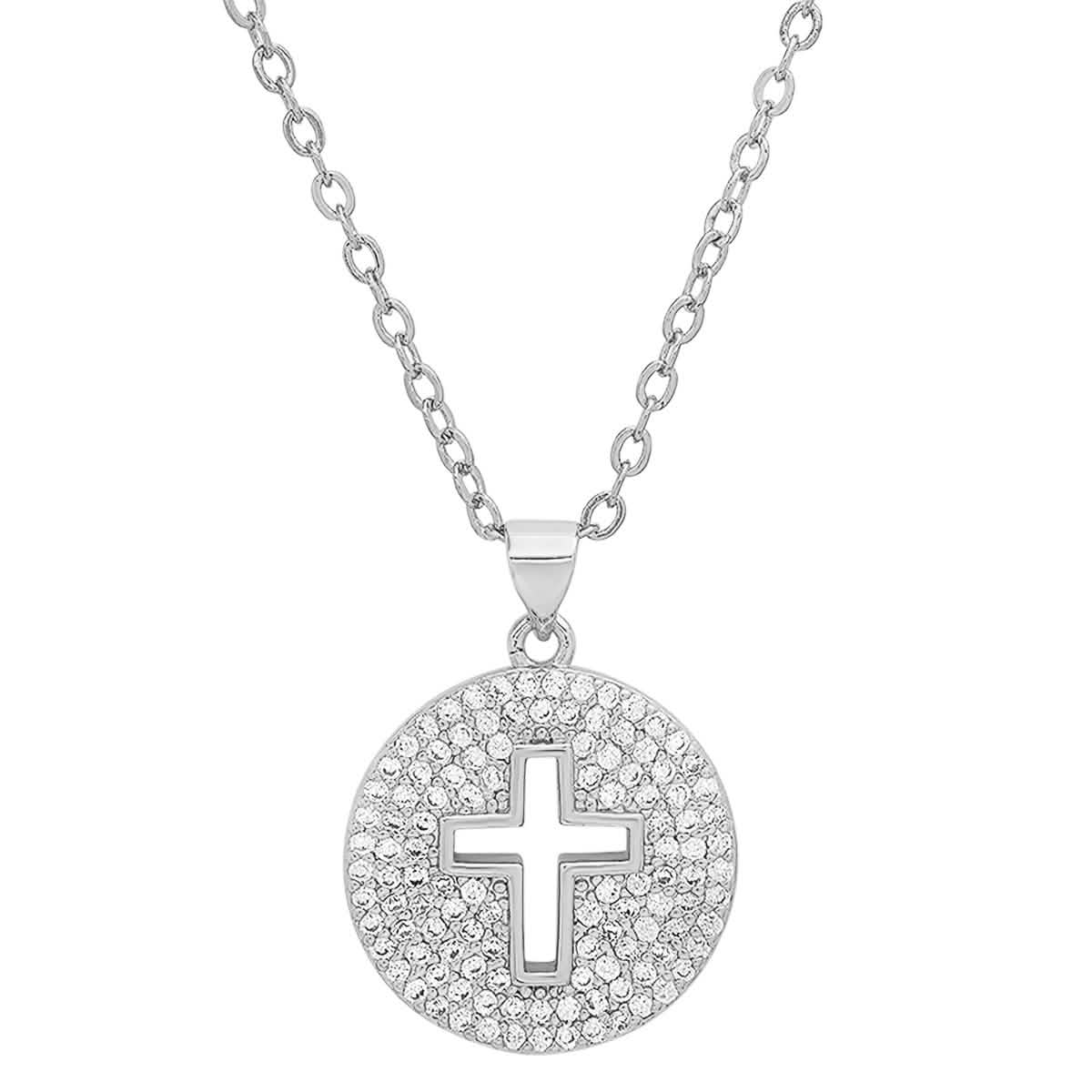 Ladies 18k White Gold/Gold Plated Brass Simulated Diamonds Round Cross Pendant