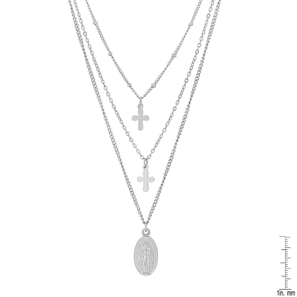 Ladies 3 Chain Necklace with Our Lady of Guadalupe and Cross Charms