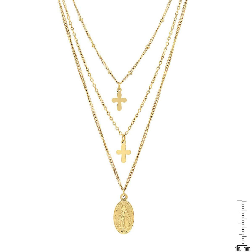 Ladies 3 Chain Necklace with Our Lady of Guadalupe and Cross Charms