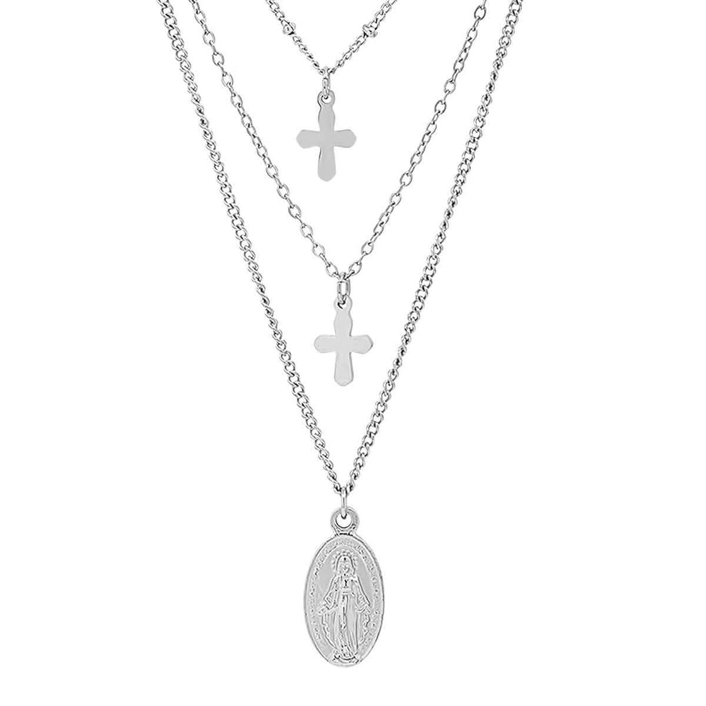 Ladies 3 Chain Necklace with Our Lady of Guadalupe and Cross Charms