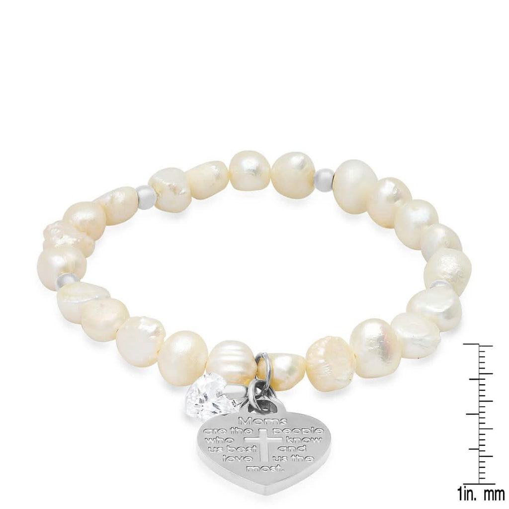 Ladies Freshwater Pearls Heart Charm Swarovski Crystal Beaded Bracelet