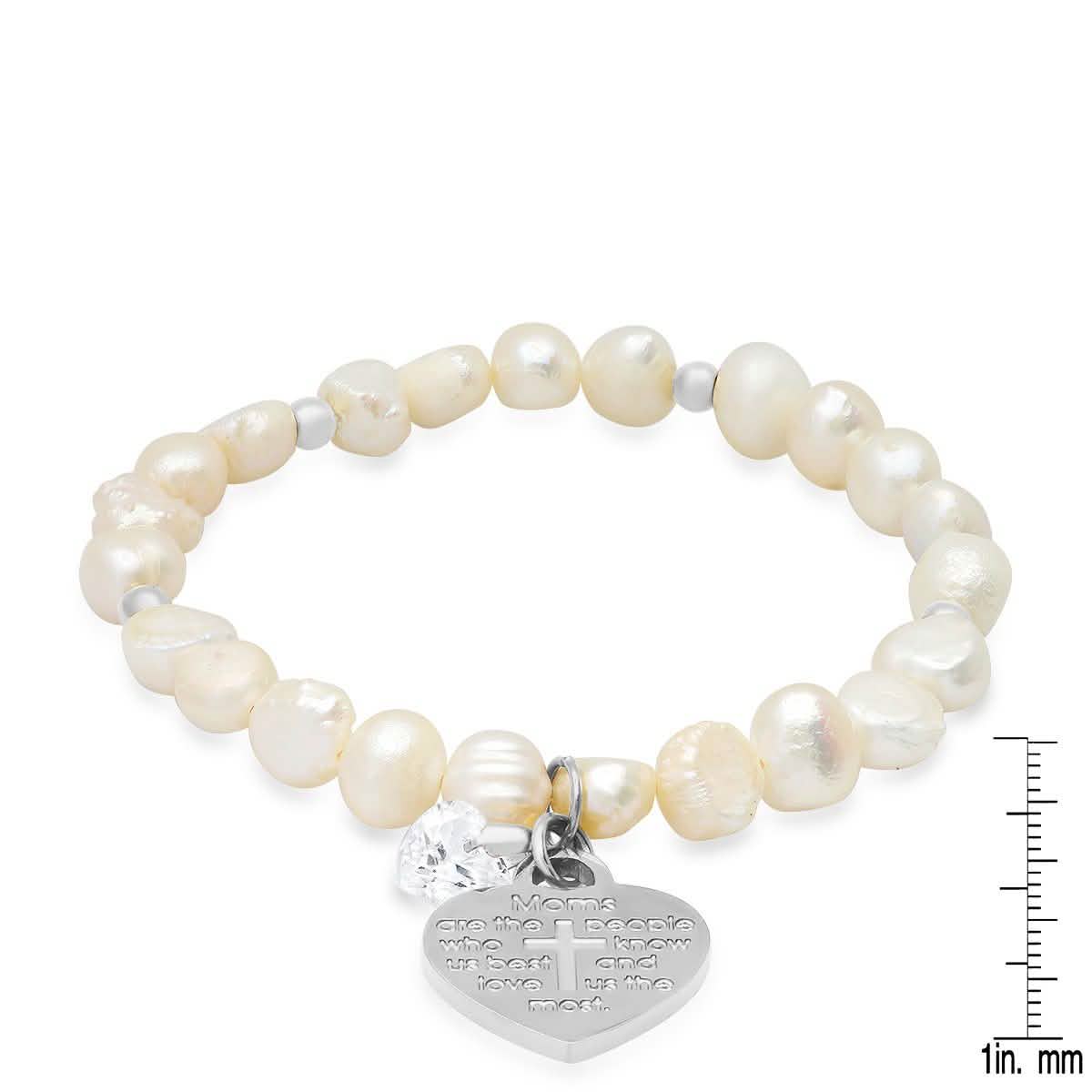 Ladies Freshwater Pearls Heart Charm Swarovski Crystal Beaded Bracelet
