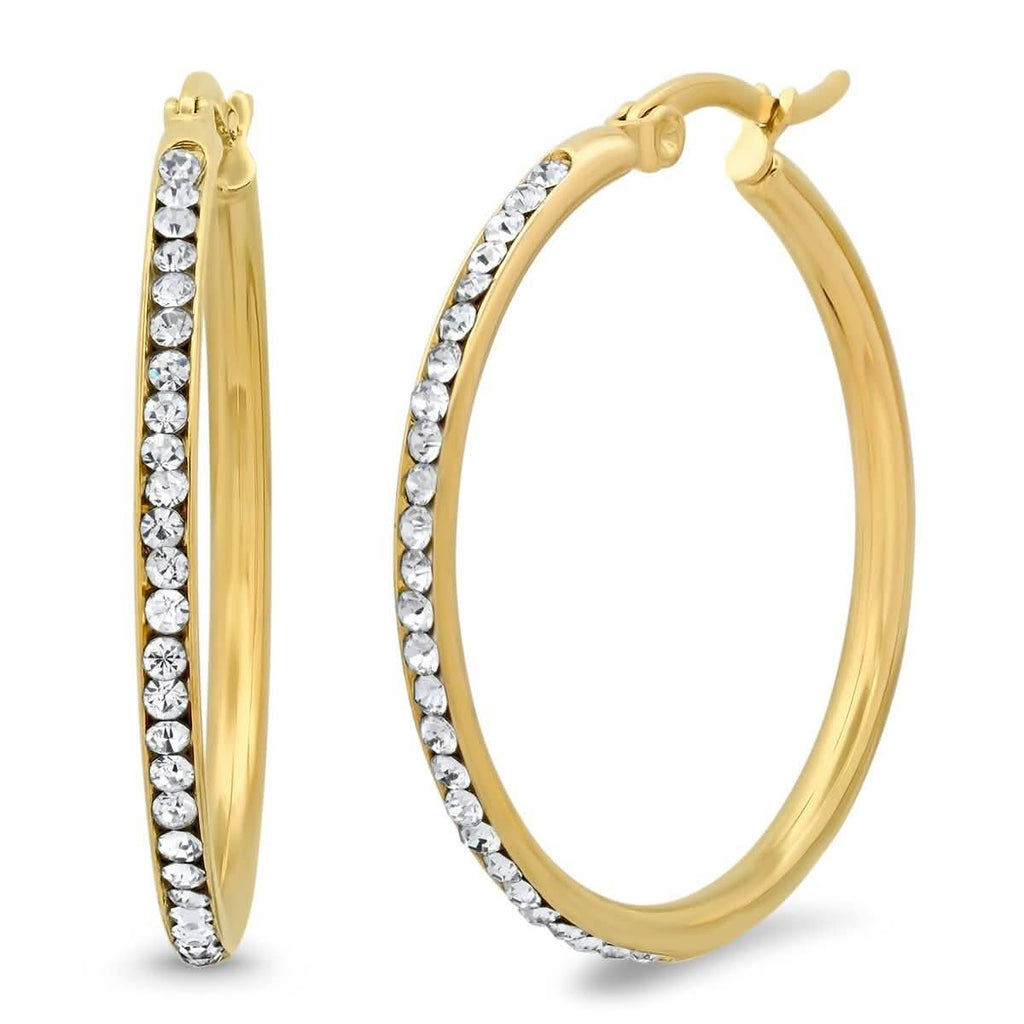 Ladies Stainless Steel And Simulated Diamonds Hoop Earrings