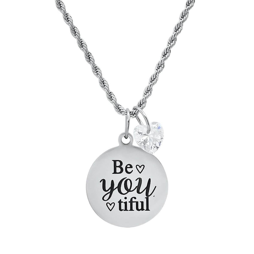 Ladies Stainless Steel Be You Tiful Round Pendant Adorned with Heart Shaped Swarovski Crystal Charm