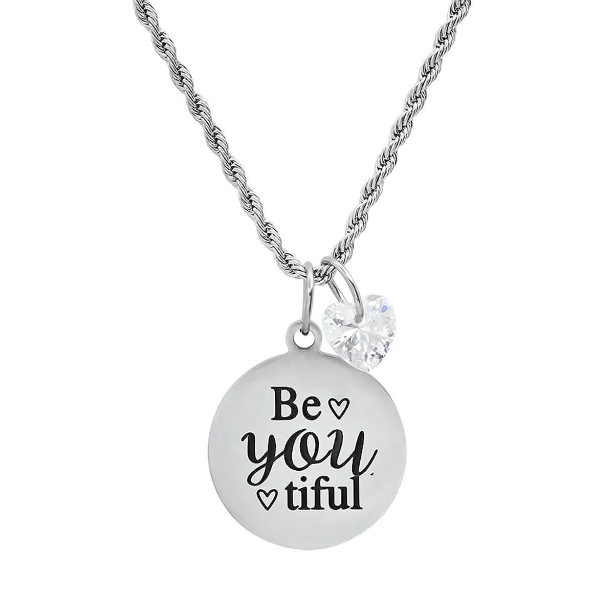 Ladies Stainless Steel Be You Tiful Round Pendant Adorned with Heart Shaped Swarovski Crystal Charm