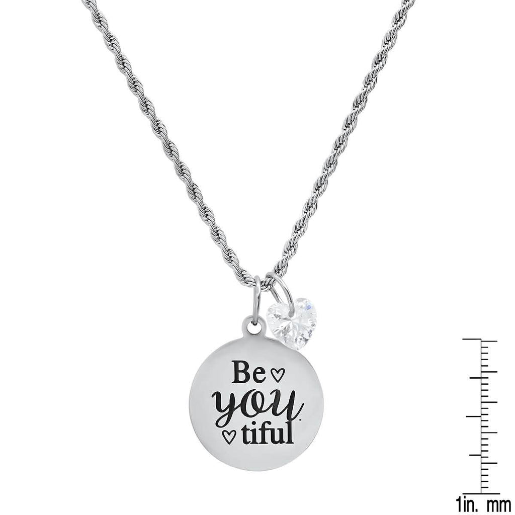 Ladies Stainless Steel Be You Tiful Round Pendant Adorned with Heart Shaped Swarovski Crystal Charm