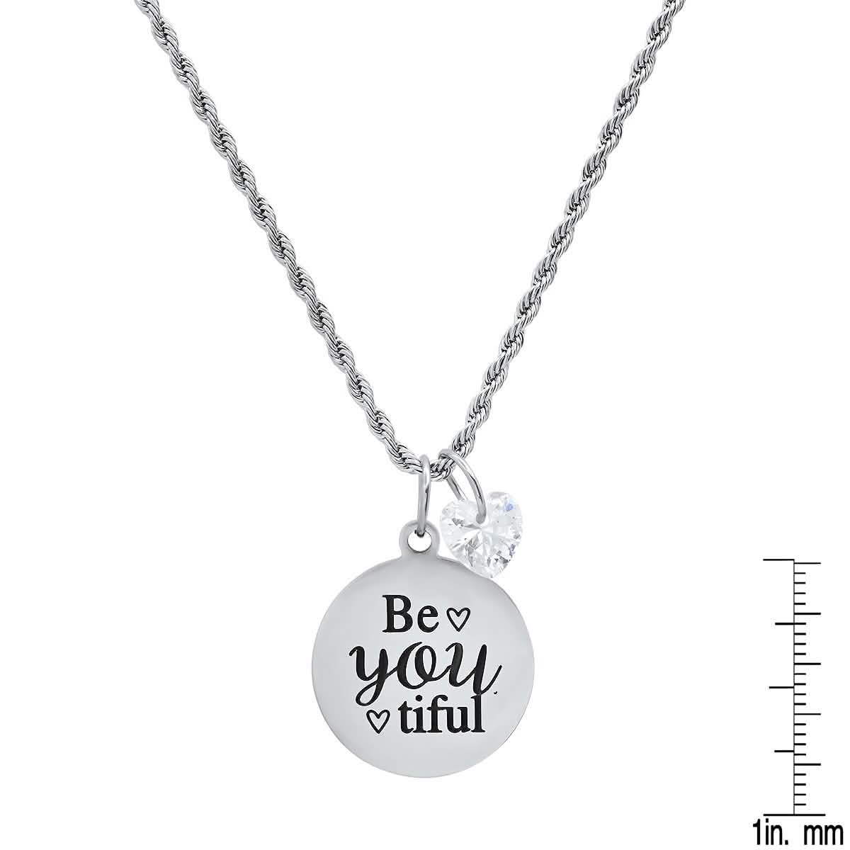 Ladies Stainless Steel Be You Tiful Round Pendant Adorned with Heart Shaped Swarovski Crystal Charm