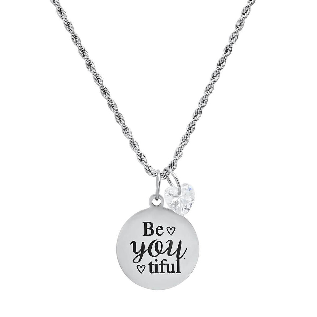 Ladies Stainless Steel Be You Tiful Round Pendant Adorned with Heart Shaped Swarovski Crystal Charm