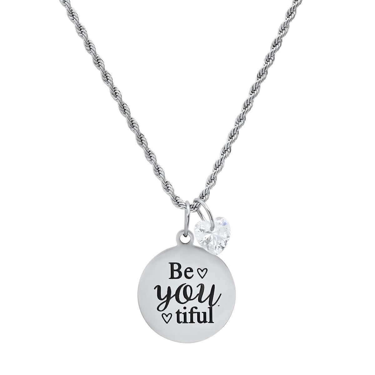 Ladies Stainless Steel Be You Tiful Round Pendant Adorned with Heart Shaped Swarovski Crystal Charm