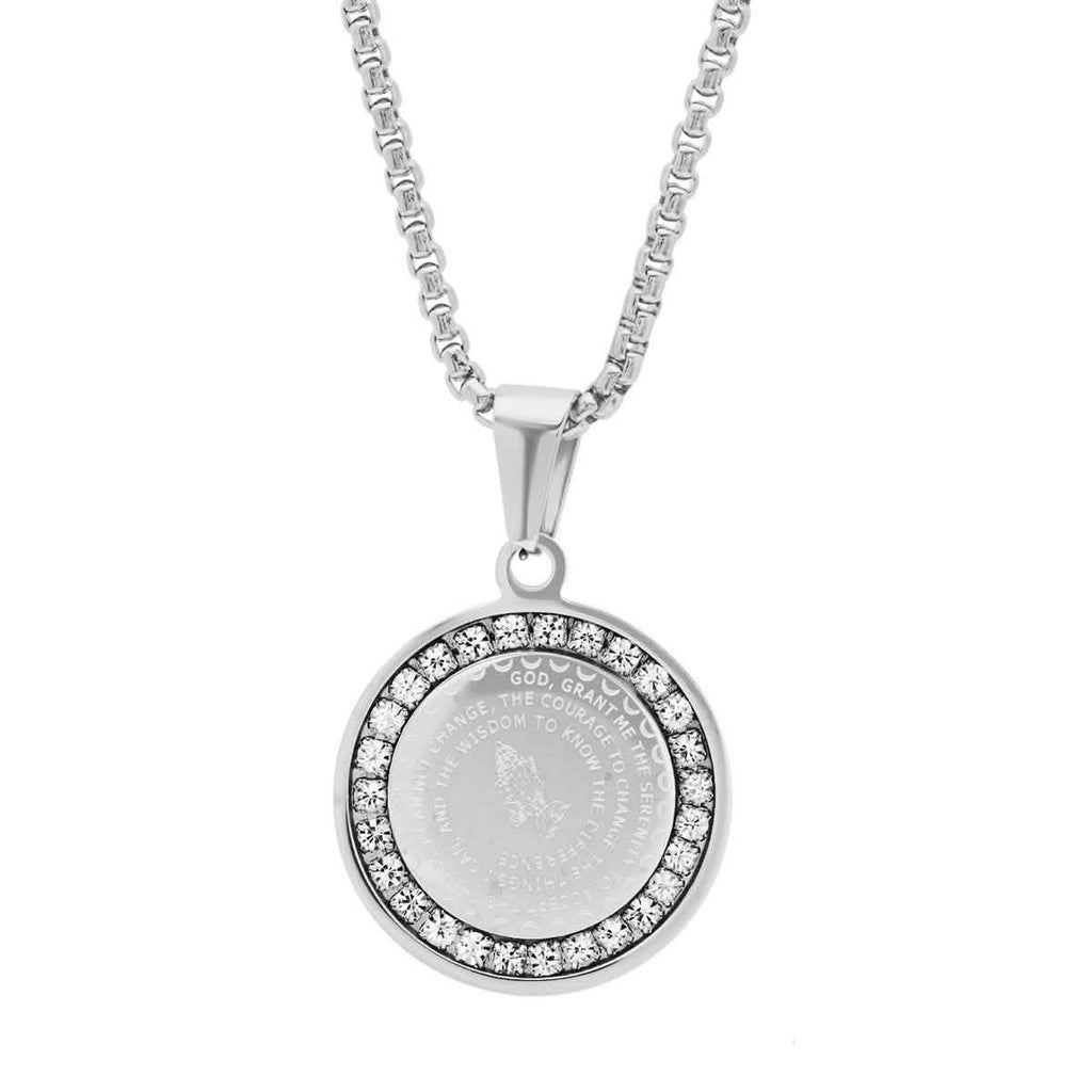 Ladies Stainless Steel Serenity Prayer Round Pendant with Simulated Diamonds