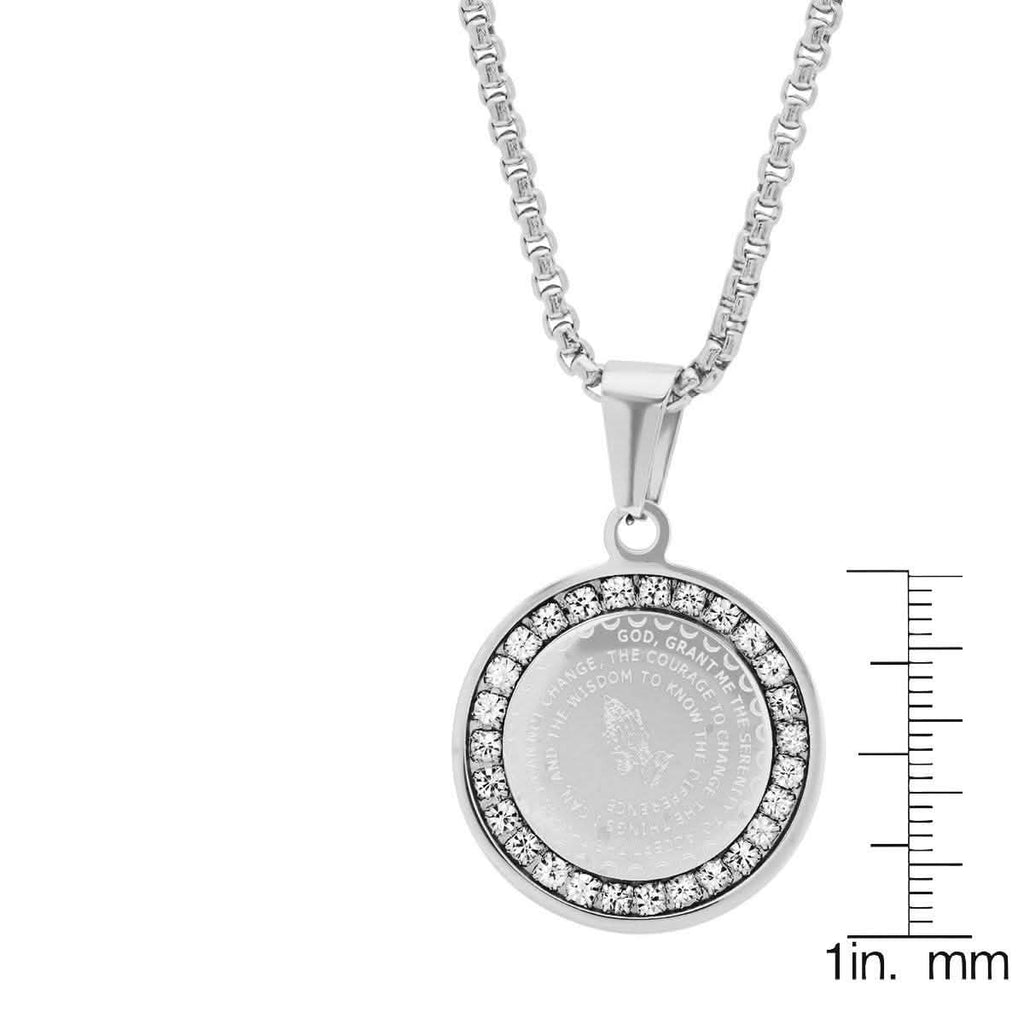 Ladies Stainless Steel Serenity Prayer Round Pendant with Simulated Diamonds