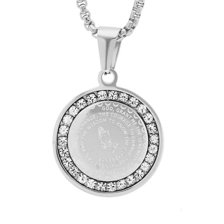 Ladies Stainless Steel Serenity Prayer Round Pendant with Simulated Diamonds