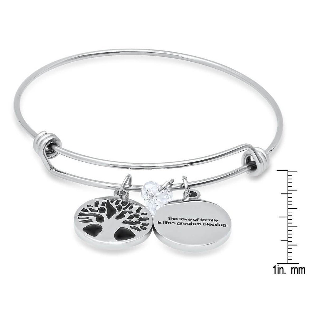 Ladies Stainless Steel The Love of Family, Tree of Life and Heart Shape Swarovski Crystal Bangle