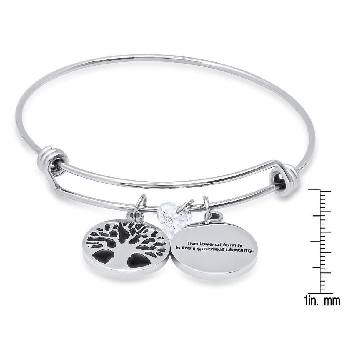 Ladies Stainless Steel The Love of Family, Tree of Life and Heart Shape Swarovski Crystal Bangle