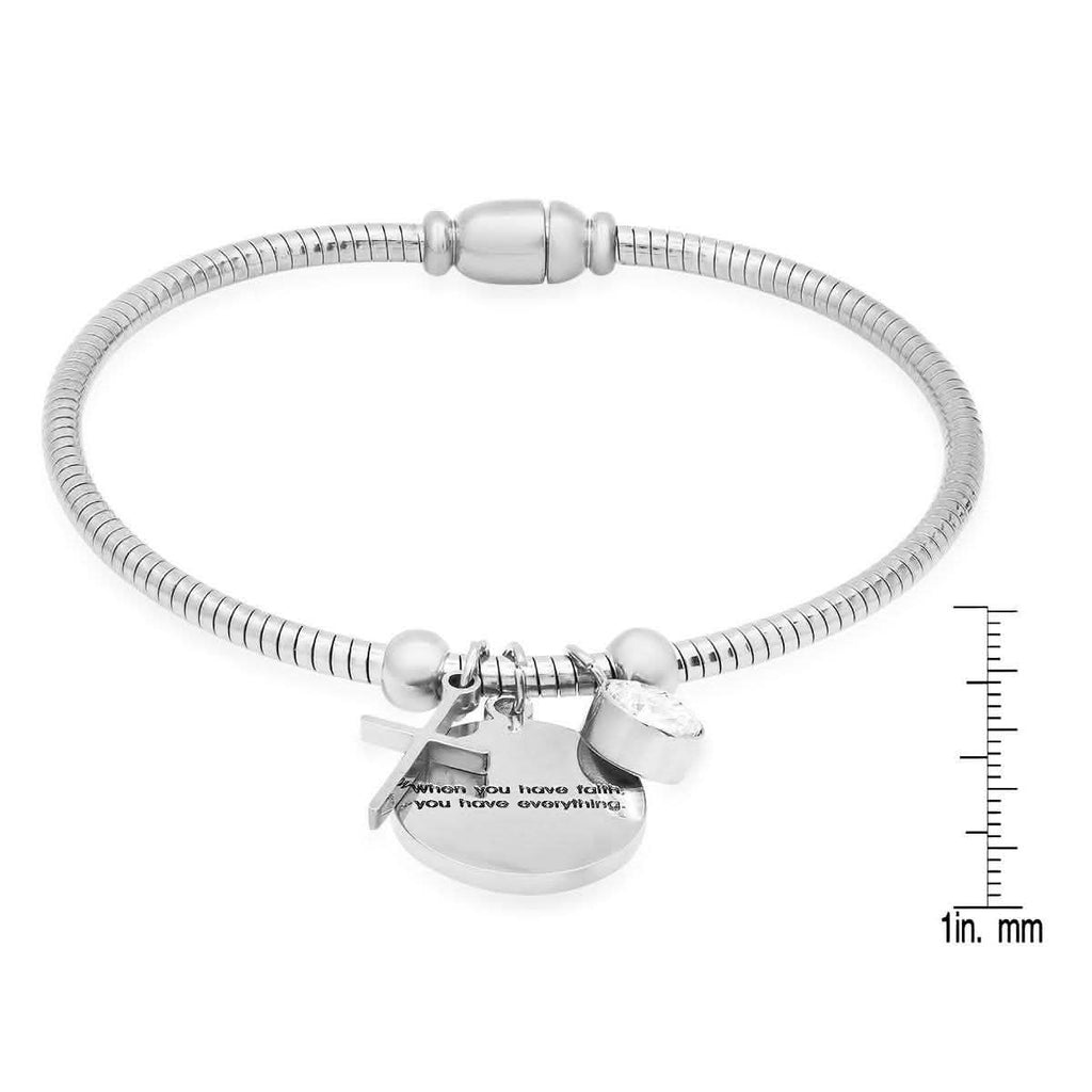Ladies Stainless Steel "When you have faith…"Swarovski Crystal and Cross Charm Snake Chain Bracelet